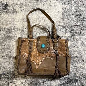 Trinity Ranch Turquoise Studded Western Tote Bag Brown Leather Croc Detail